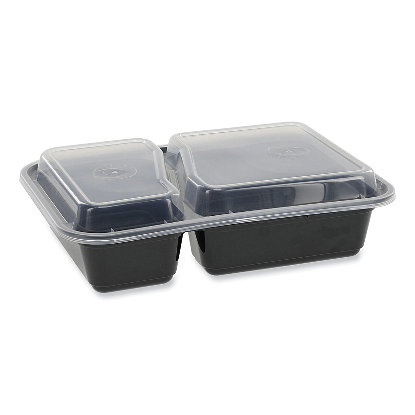 Pactiv Evergreen Newspring VERSAtainer Microwavable Containers, Rectangular, 2-Compartment, 30 oz, 6 x 8.5 x 2.5, Black/Clear, Plastic, 150/CT (PCTNC8288B)
