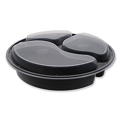 Pactiv Evergreen Newspring VERSAtainer Microwavable Containers, Round, 3-Compartment, 39 oz, 9 x 9 x 2.25, Black/Clear, Plastic, 150/Carton (PCTNC9388B)