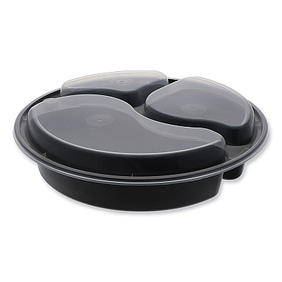 Pactiv Evergreen Newspring VERSAtainer Microwavable Containers, Round, 3-Compartment, 39 oz, 9 x 9 x 2.25, Black/Clear, Plastic, 150/Carton (PCTNC9388B)