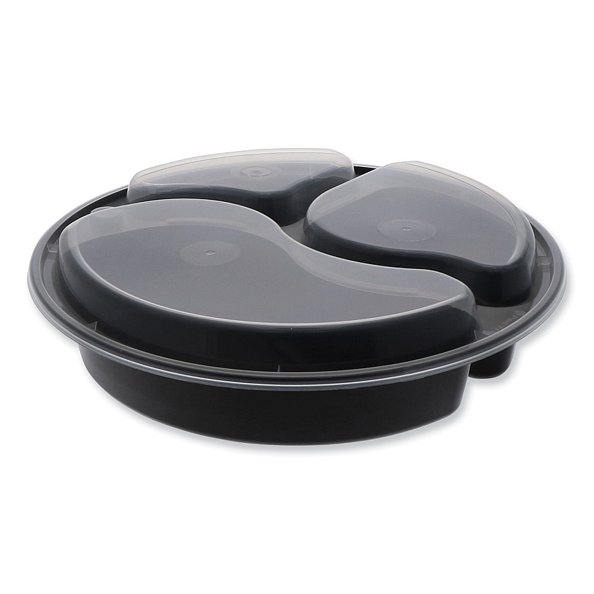 Pactiv Evergreen Newspring VERSAtainer Microwavable Containers, Round, 3-Compartment, 39 oz, 9 x 9 x 2.25, Black/Clear, Plastic, 150/Carton (PCTNC9388B)