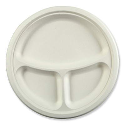 AmerCareRoyal Bagasse PFAS-Free Dinnerware, 3-Compartment Plate, 10.24" dia, White, 500/Carton (RPPPL11NPFA)