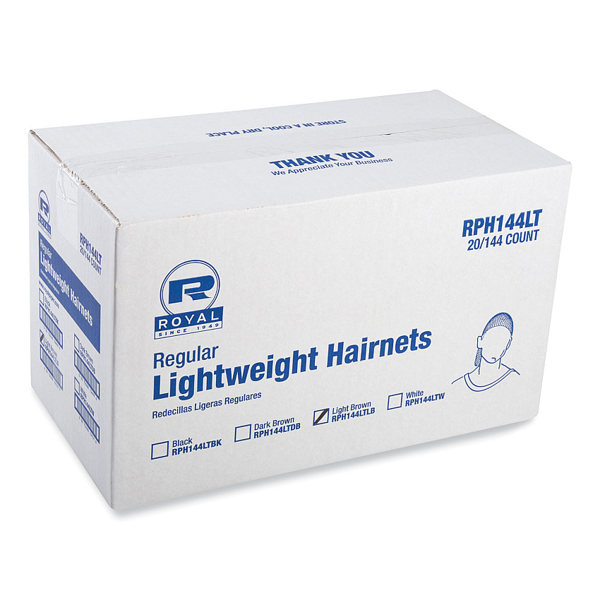 AmerCareRoyal Lightweight Latex-Free Hairnets, Nylon, 24", Light Brown, 144/Box, 20 Boxes/Carton (RPH144LTLB)