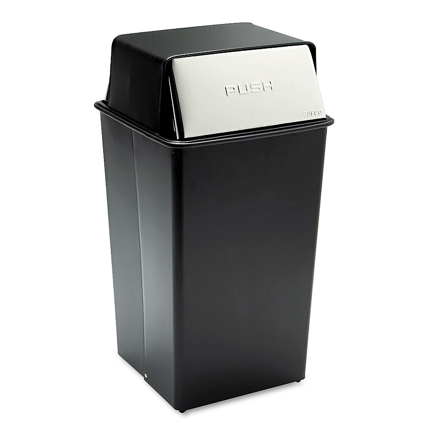 Safco Reflections  Push Top Square Receptacle, 36 gal, Steel, Black/Chrome (SAF9895)