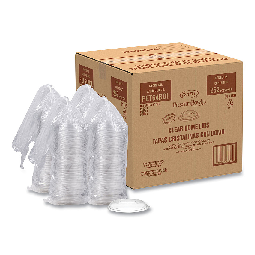 Dart PresentaBowls Lids, Clear, Fits 24-64 oz Bowls, 7.3" Diameter x 1.1"hj, Plastic, 252/Carton (DCCPET64BDL)