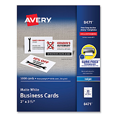 Avery Printable Microperforated Business Cards w/Sure Feed Technology, Inkjet, 2 x 3.5, White, 1,000 Cards, 10/Sheet, 100 Sheets/Bx (AVE8471)