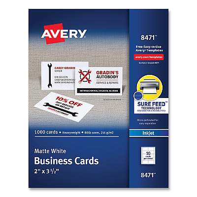 Avery Printable Microperforated Business Cards w/Sure Feed Technology, Inkjet, 2 x 3.5, White, 1,000 Cards, 10/Sheet, 100 Sheets/Bx (AVE8471)