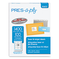 PRES-a-ply Labels, Laser Printers, 1.33 x 4, White, 14/Sheet, 100 Sheets/Box (AVE30602)