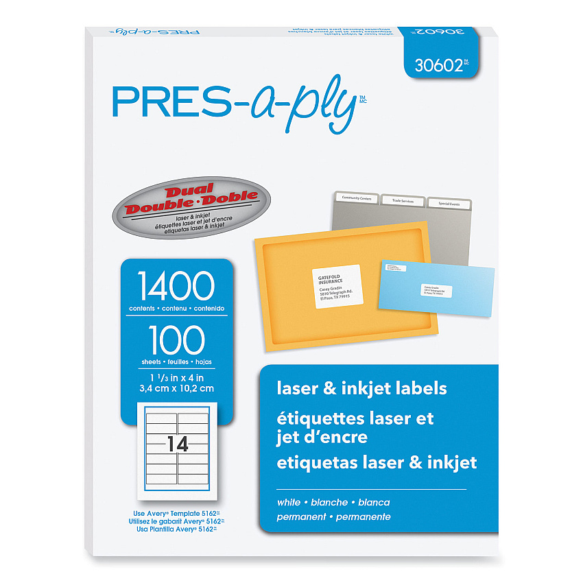PRES-a-ply Labels, Laser Printers, 1.33 x 4, White, 14/Sheet, 100 Sheets/Box (AVE30602)