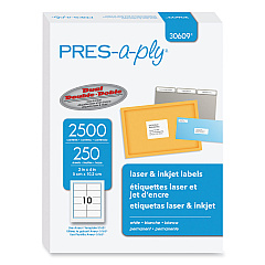 PRES-a-ply Labels, Laser Printers, 2 x 4, White, 10/Sheet, 250 Sheets/Box (AVE30609)