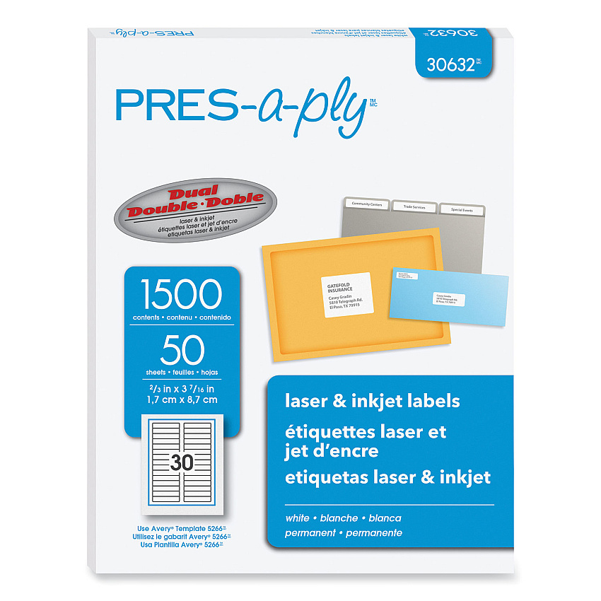 PRES-a-ply Labels, 0.66 x 3.44, White, 30/Sheet, 50 Sheets/Box (AVE30632)
