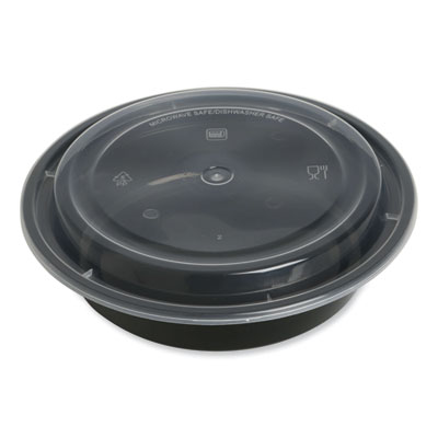 GEN Microwavable Food Container with Lid, Round, 24 oz, 7.28 x 7.28 x 1.96, Black/Clear, Plastic, 150/Carton (GENTORND24)
