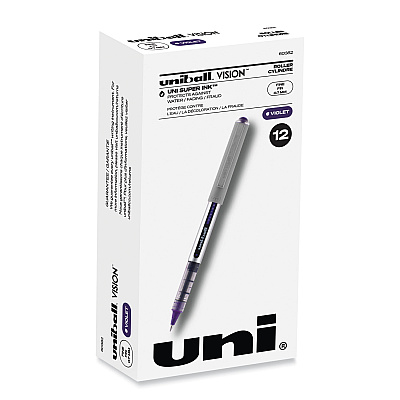 uniball VISION Roller Ball Pen, Stick, Fine 0.7 mm, Violet Ink, Silver/Violet/Clear Barrel, Dozen (UBC60382)