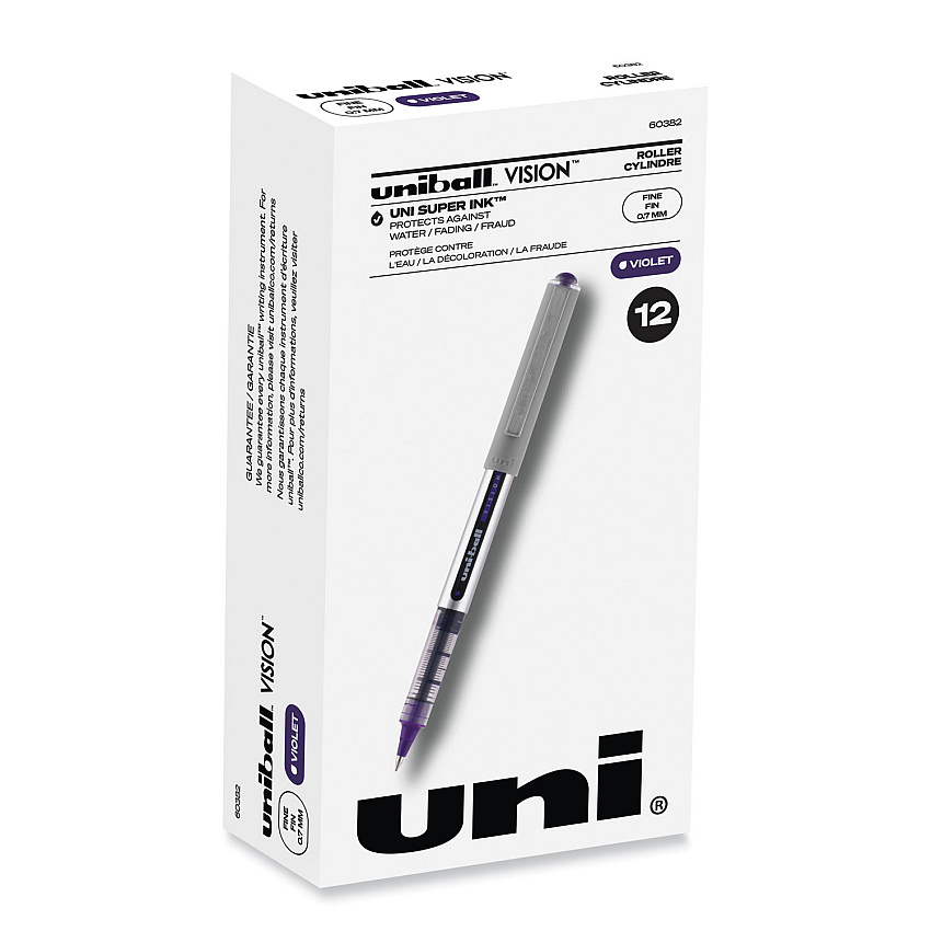 uniball VISION Roller Ball Pen, Stick, Fine 0.7 mm, Violet Ink, Silver/Violet/Clear Barrel, Dozen (UBC60382)