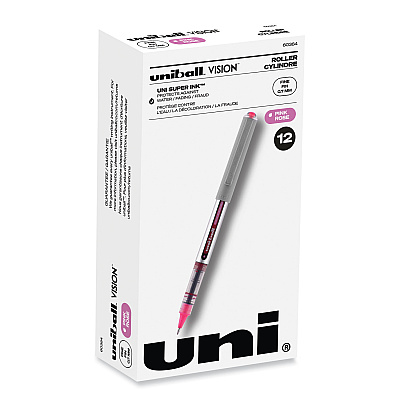 uniball VISION Roller Ball Pen, Stick, Fine 0.7 mm, Pink Ink, Silver/Pink/Clear Barrel, Dozen (UBC60384)