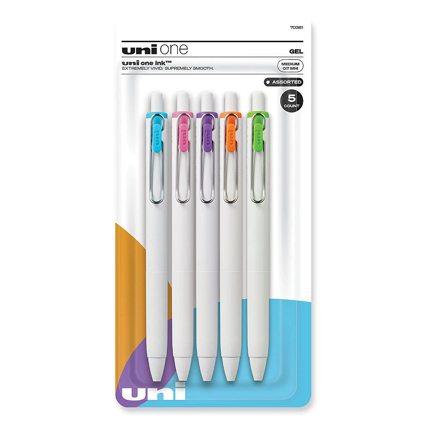 uniball uniONE Gel Pen, Retractable, Medium 0.7 mm, Assorted Fashion Ink Colors, Assorted Barrel Colors, 5/Pack (UBC70381)