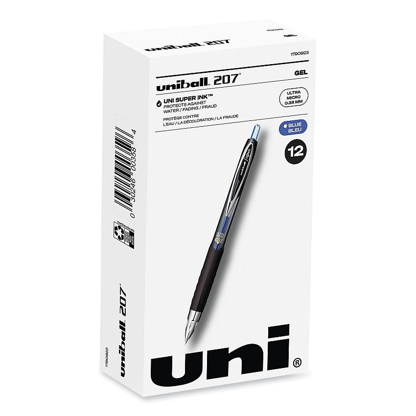 uniball 207 Signo Gel Ultra Micro Gel Pen, Retractable, Extra-Fine 0.38 mm, Blue Ink, Clear/Black Barrel (UBC1790923)