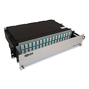 Tripp Lite 2U Preloaded Multimode Fiber Cable Panel, (32) MTP/MPO (F) to (128) LC Duplex (F), 9.8 ft, Aqua, Ships in 7-10 Business Days (N48M32M8L403)