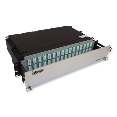 Tripp Lite 2U Preloaded Multimode Fiber Cable Panel, (32) MTP/MPO (F) to (128) LC Duplex (F), 9.8 ft, Aqua, Ships in 7-10 Business Days (N48M32M8L403)