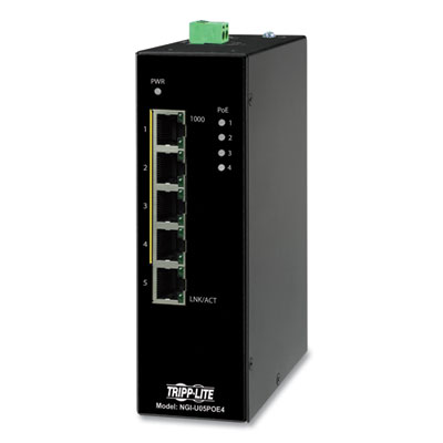 Tripp Lite 5-Port Unmanaged Industrial PoE+ Gigabit Ethernet Switch, TAA Compliant, Ships in 7-10 Business Days (NGIU05POE4)