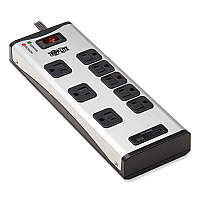 Tripp Lite Eight-Outlet Surge Protector, 8 AC Outlets, 8 ft Cord, 2,100 J, Black/Silver, Ships in 7-10 Business Days (TLM88USBC)