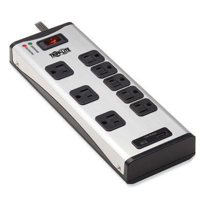 Tripp Lite Eight-Outlet Surge Protector, 8 AC Outlets, 8 ft Cord, 2,100 J, Black/Silver, Ships in 7-10 Business Days (TLM88USBC)