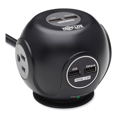 Tripp Lite Three-Outlet Spherical Surge Protector, 3 AC Outlets, 6 ft Cord, 540 J, Black, Ships in 7-10 Business Days (TLP36USB)