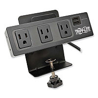 Tripp Lite Protect It! Three-Outlet Surge Protector with Desk Clamp, 4 AC Outlets, 10 ft Cord, 510 J, Black, Ships in 7-10 Business Days (TLP310USBC)
