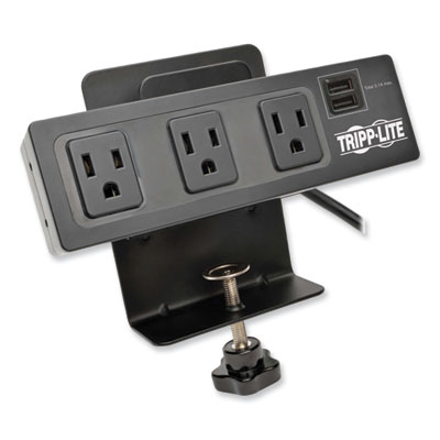 Tripp Lite Protect It! Three-Outlet Surge Protector with Desk Clamp, 4 AC Outlets, 10 ft Cord, 510 J, Black, Ships in 7-10 Business Days (TLP310USBC)