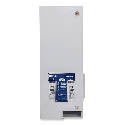 HOSPECO Dual Sanitary Napkin/Tampon Dispenser, 25 Cent Coin Mechanism, 11.13 x 7.63 x 26.38, White/Blue (HOS125)