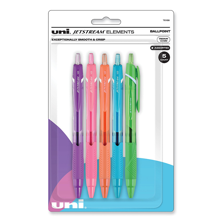 uniball Jetstream Elements Hybrid Gel Pen, Retractable, Medium 1 mm, Assorted Ink and Barrel Colors, 5/Pack (UBC70138)