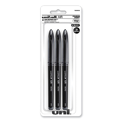 uniball AIR Porous Gel Pen, Stick, Medium 0.7 mm, Black Ink, Black Barrel, 3/Pack (UBC1926808)