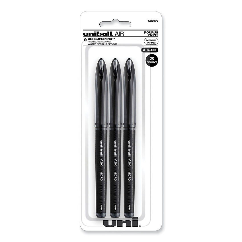 uniball AIR Porous Gel Pen, Stick, Medium 0.7 mm, Black Ink, Black Barrel, 3/Pack (UBC1926808)