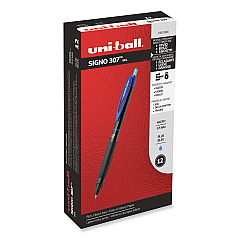 uniball 307 Gel Pen, Retractable, Fine 0.5 mm, Blue Ink, Black Barrel, Dozen (UBC1947088)