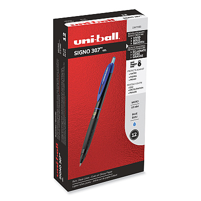 uniball 307 Gel Pen, Retractable, Fine 0.5 mm, Blue Ink, Black Barrel, Dozen (UBC1947088)