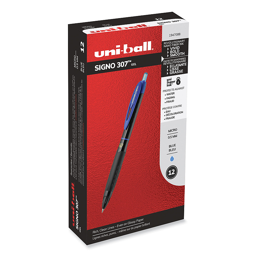 uniball 307 Gel Pen, Retractable, Fine 0.5 mm, Blue Ink, Black Barrel, Dozen (UBC1947088)