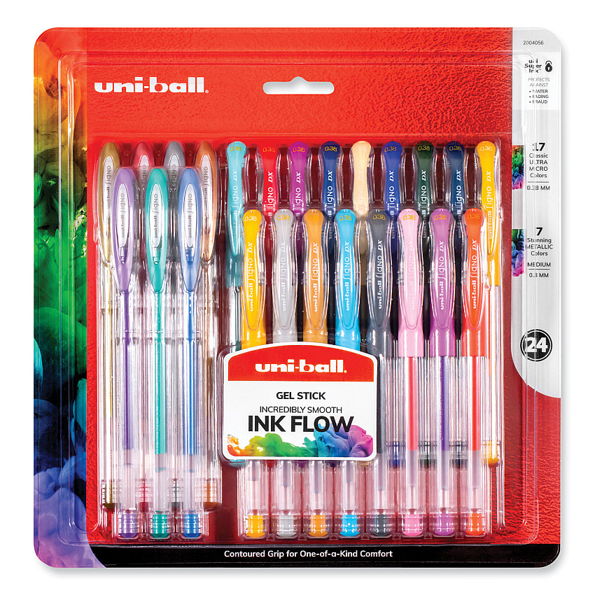 uniball Gel Pen, Stick, Assorted Sizes, Assorted Ink and Barrel Colors, 24/Pack (UBC2004056)