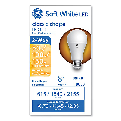 GE Classic LED SW Non-Dim A19 3-Way Light Bulb, 6 W; 12 W; 17 W, Soft White (GEL93130566)