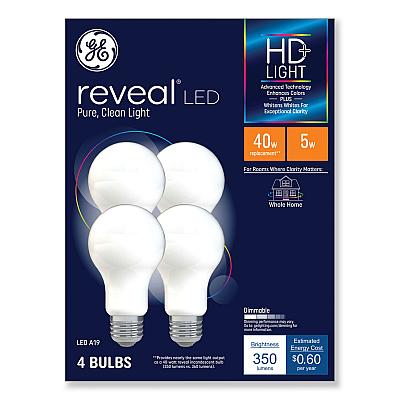 GE Reveal HD+ LED A19 Light Bulb, 5 W, 4/Pack (GEL46650)