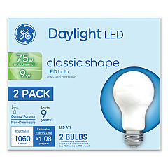 GE Classic LED Non-Dim A19 Light Bulb, 9 W, Daylight, 2/Pack (GEL93109035)