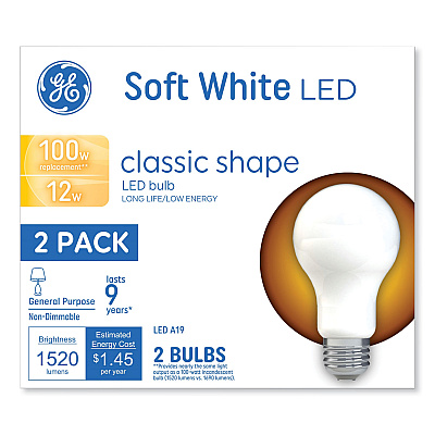 GE Classic LED Non-Dim A19 Light Bulb, 12 W, Soft White, 2/Pack (GEL93109188)