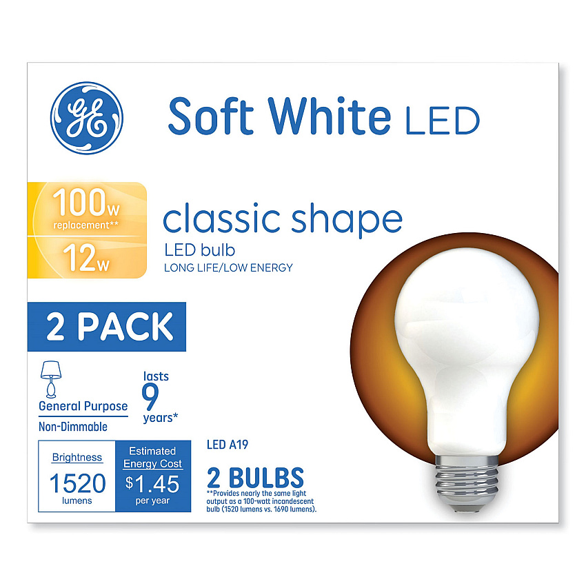 GE Classic LED Non-Dim A19 Light Bulb, 12 W, Soft White, 2/Pack (GEL93109188)
