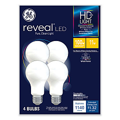 GE Reveal HD+ LED A19 Light Bulb, 11 W, 4/Pack (GEL93127996)