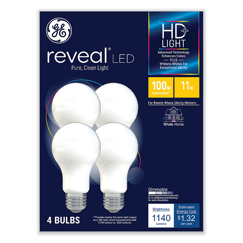 GE Reveal HD+ LED A19 Light Bulb, 11 W, 4/Pack (GEL93127996)