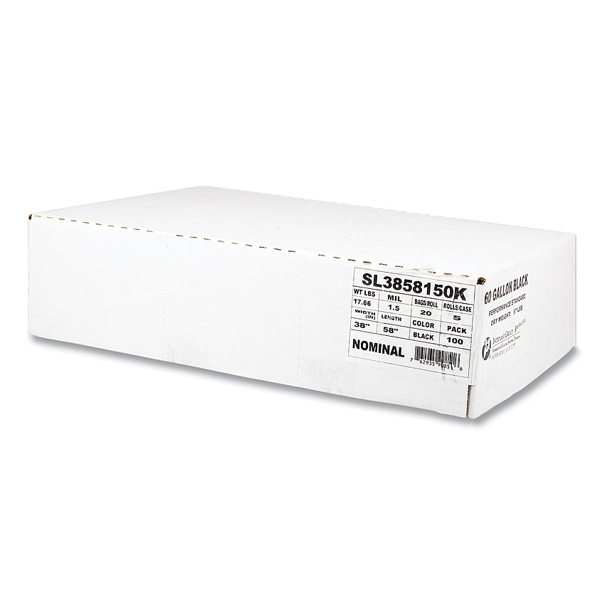 Inteplast Group Low-Density Commercial Can Liners, 60 gal, 1.5 mil, 38" x 58", Black, Interleaved Roll, 20 Bags/Roll, 5 Rolls/Carton (IBSSL3858150K)