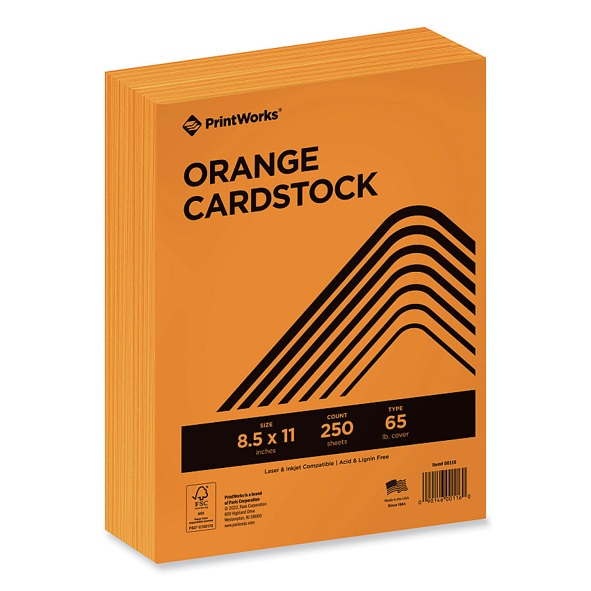 Printworks Color Cardstock, 65 lb Cover Weight, 8.5 x 11, Orange, 250/Ream (PRB00116)