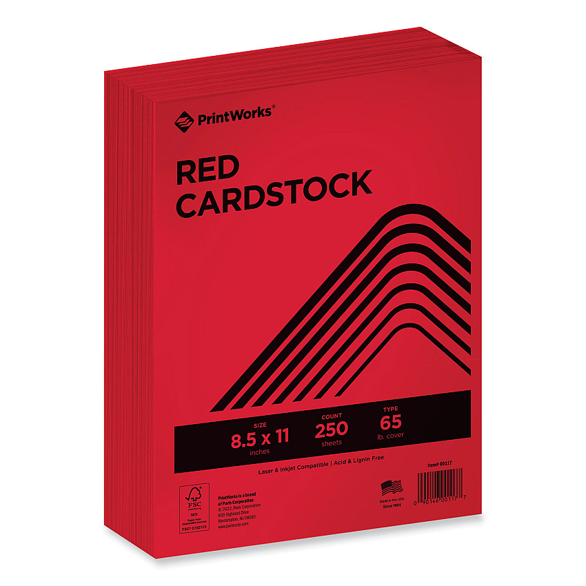 Printworks Color Cardstock, 65 lb Cover Weight, 8.5 x 11, Red, 250/Ream (PRB00117)