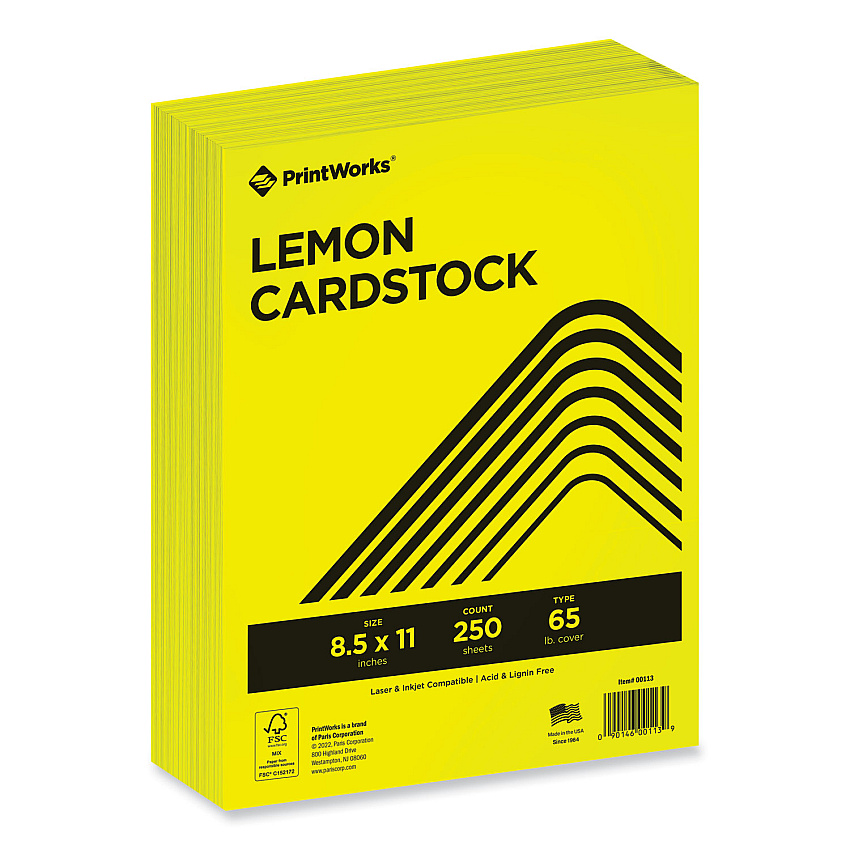 Printworks Color Cardstock, 65 lb Cover Weight, 8.5 x 11, Lemon Yellow, 250/Ream (PRB00113)