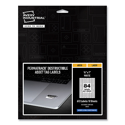 Avery PermaTrack Destructible Asset Tag Labels, Laser Printers, 0.5 x 1, White, 84/Sheet, 8 Sheets/Pack (AVE60535)