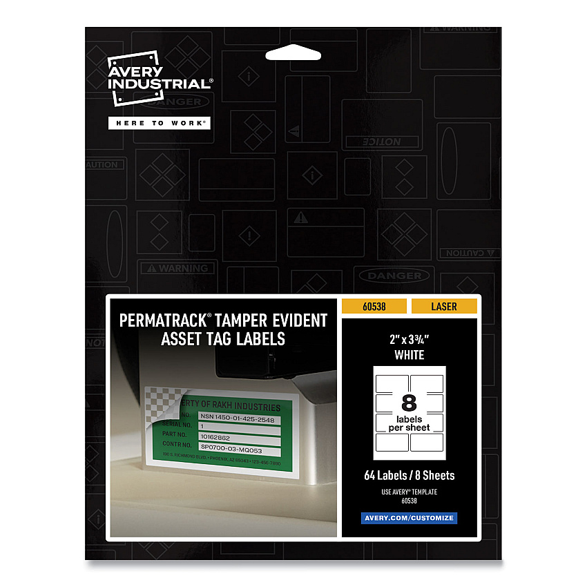 Avery PermaTrack Tamper-Evident Asset Tag Labels, Laser Printers, 2 x 3.75, White, 8/Sheet, 8 Sheets/Pack (AVE60538)