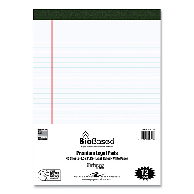Roaring Spring USDA Certified Bio-Preferred Legal Pad, Wide/Legal Rule, 40 White 8.5 x 11.75 Sheets, 12/Pack (ROA24326)